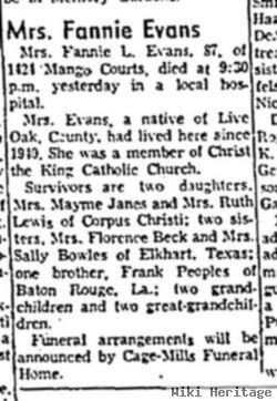 Frances Louise "fannie" Peoples Evans