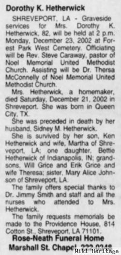 Mrs Dorothy K. Hetherwick