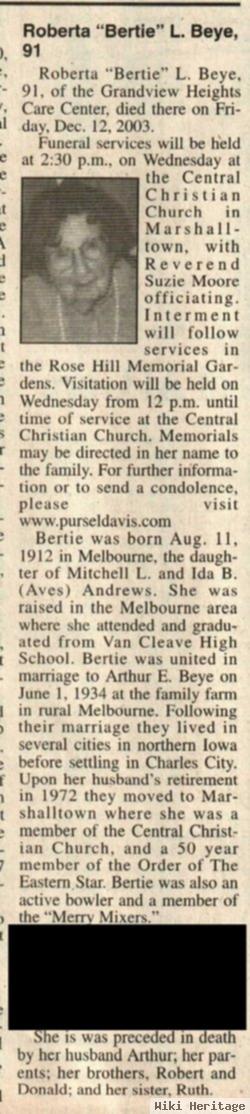 Roberta L "bertie" Andrews Beye