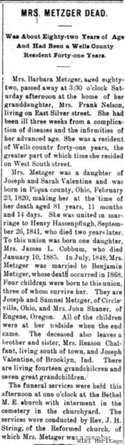 Mary Barbara Valentine Hassenplugh Metzger