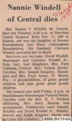 Nannie T Brandenburg Windell