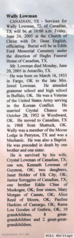 Wallace Lee "wally" Lowman