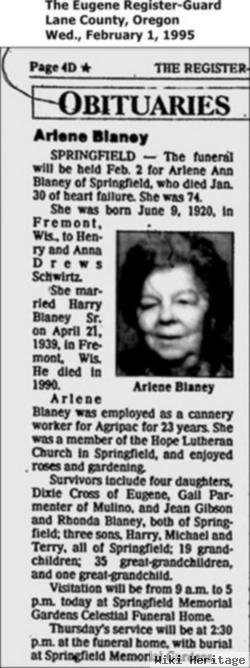 Arlene Amelia Ann Schwirtz Blaney