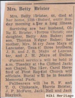 Margaret E "betty" Mays Brister