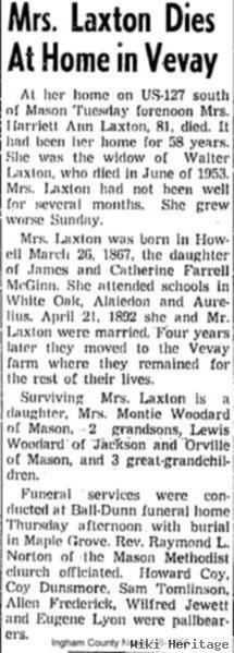 Harriet Ann "hattie" Mcginn Laxton