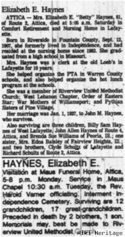 Elizabeth Ellen "betty" Schultz Haynes